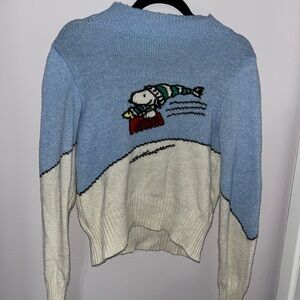 American Eagle Outfitters Light Blue & Cream Snoopy Sled Crewneck Sweater